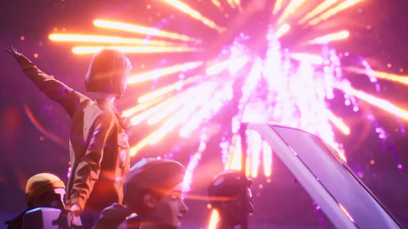 A character throws up their arm in a car while a firework explodes in Mixtape